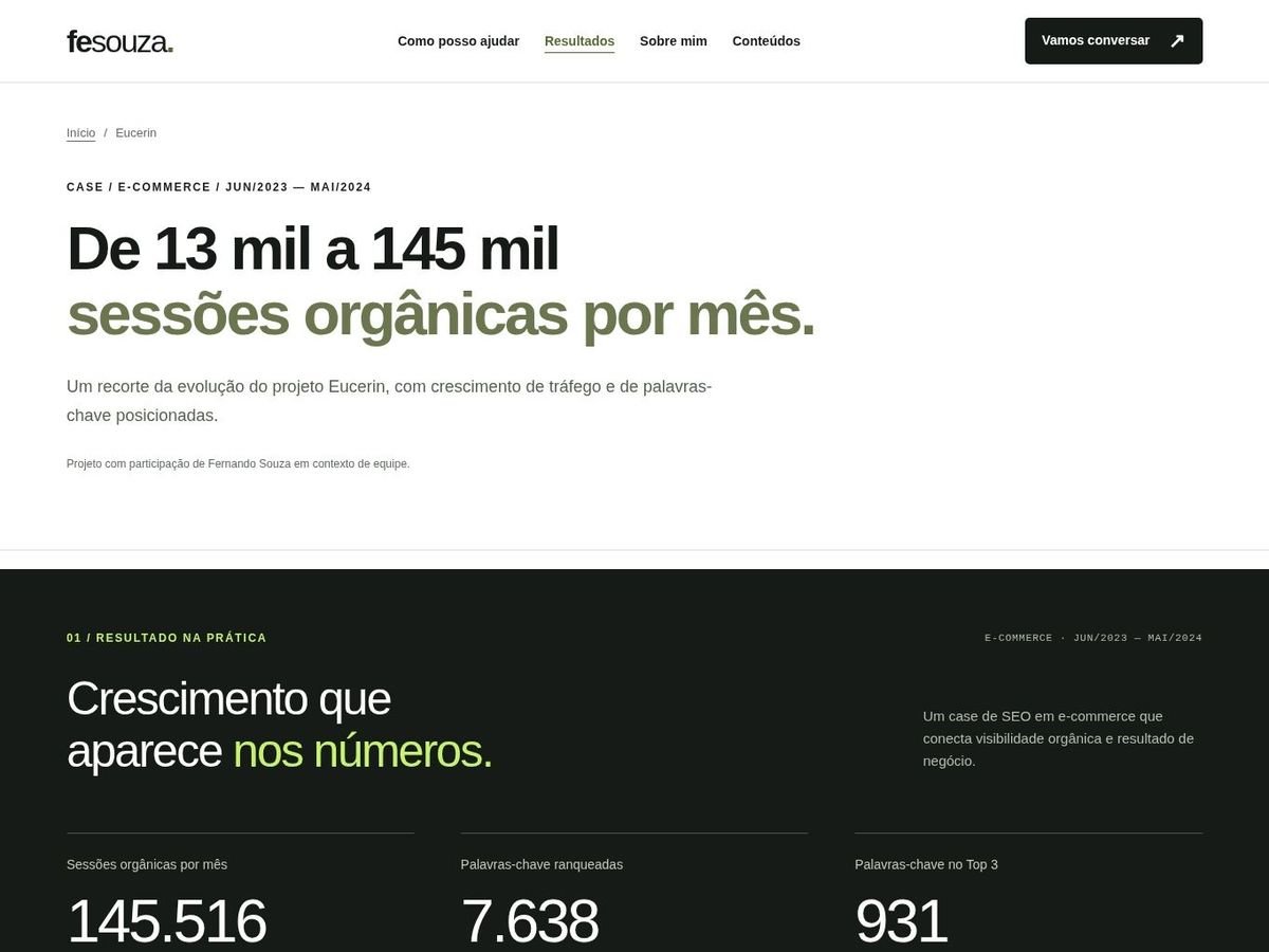 Layout da página de case, com título de resultado, nota de contexto e seção escura com três indicadores