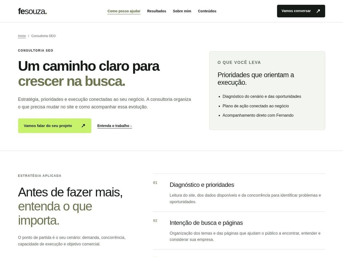 Layout da página de Consultoria SEO, com hero, card lateral de entregas e lista numerada de etapas da estratégia