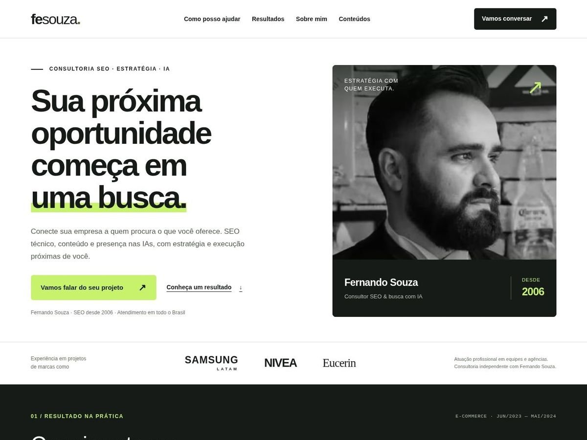 Layout da Home do site de Fernando Souza, com título grande, retrato em preto e branco, faixa de marcas e seção escura de resultados