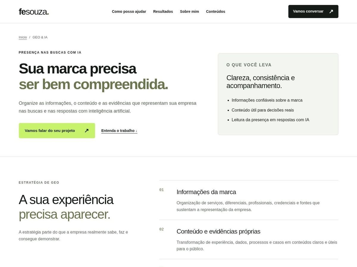 Layout da página de SEO para IA, com hero, card de entregas e blocos numerados da estratégia