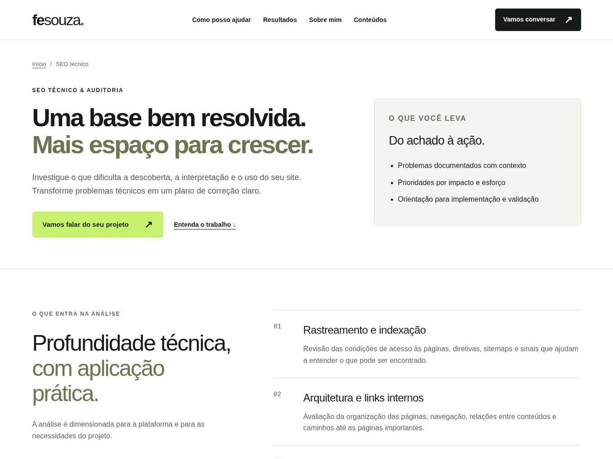 Layout da página de SEO Técnico, com hero em duas colunas e lista numerada do que entra na análise