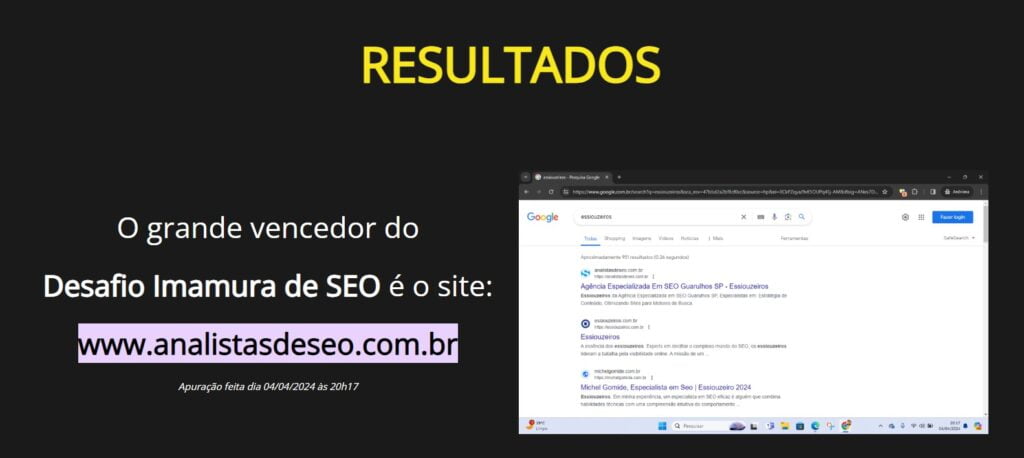 Consultor de SEO Fernando Souza Fe Souza O grande vencedor do Desafio Imamura de SEO é o site: www.analistasdeseo.com.br